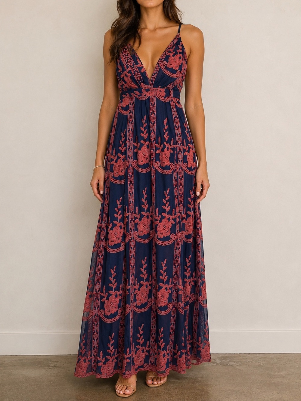 Sleeveless Navy Maxi Dress with Rust Floral Embroidery